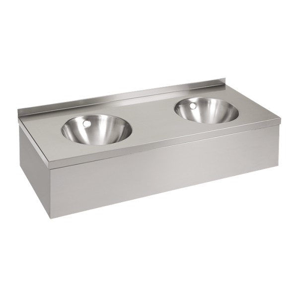 Double lavabo mural en acier inoxydable avec tablier