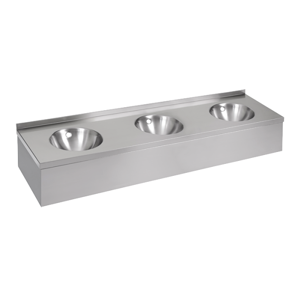 Lavabo triple mural en acier inoxydable avec tablier