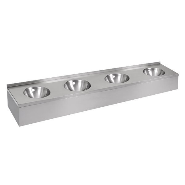Lave-mains mural en acier inoxydable avec tablier (4 postes de lavage)
