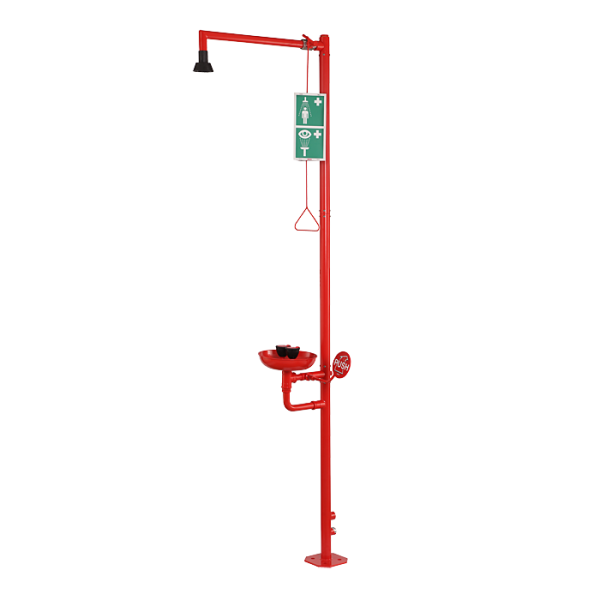 Douche autonome pour le corps et les yeux - douche corporelle avec déclencheur de démarrage et pommeau auto-nettoyant, douche oculaire avec deux têtes de pulvérisation, cuvette et levier de démarrage