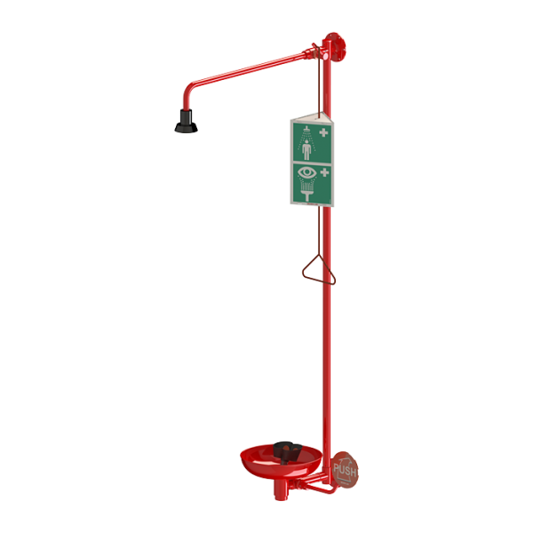 Douche murale pour le corps et les yeux - douche corporelle avec déclencheur de démarrage et pommeau auto-nettoyant, douche oculaire avec deux têtes de pulvérisation, cuvette et levier de démarrage