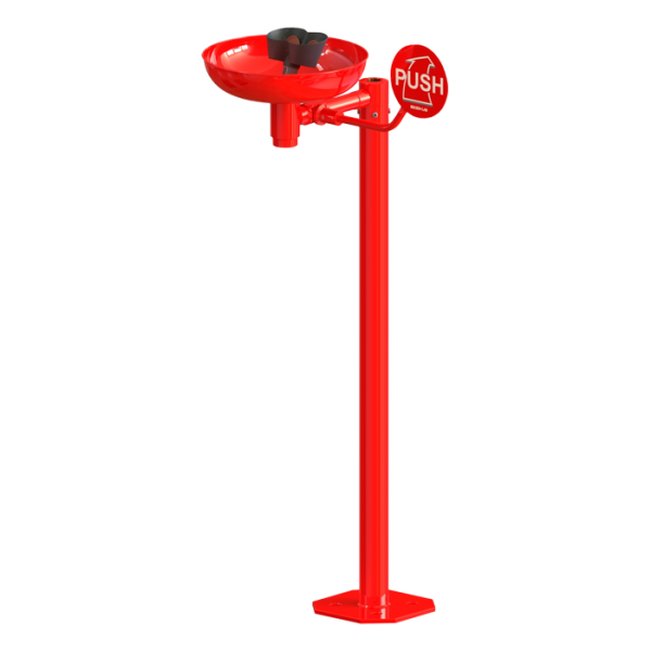 Douche oculaire autonome avec deux têtes de pulvérisation, cuvette et levier de démarrage