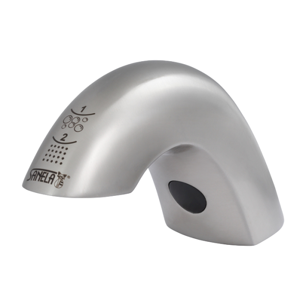 Robinet de lavabo pour eau chaude et froide avec distributeur de savon intégré, bidon de savon 1 l, 230 V AC