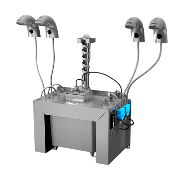 Ensemble de 4 robinets automatiques pour lavabo pour eau froide ou prémélangée, avec distributeur automatique de savon intégré, bidon central de savon de 6 l, 230 V CA