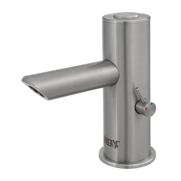 Robinet de lavabo en acier inoxydable à piézo avec mitigeur, bras de sortie allongé, 6 V