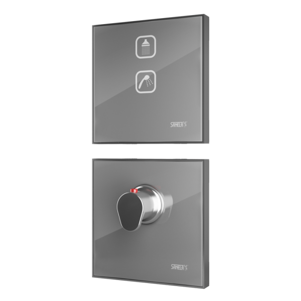 Electronic Touch Control for Head and Hand Shower  with Thermostatic Mixing Valve, colour light grey REF 9006, backlit of the symbol cyan, 24 V DC