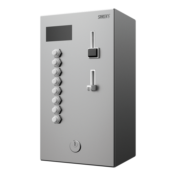 Distributeur de pièces et de jetons pour deux à huit appareils monophasés 230 V, choix par l'utilisateur, 24 V CC