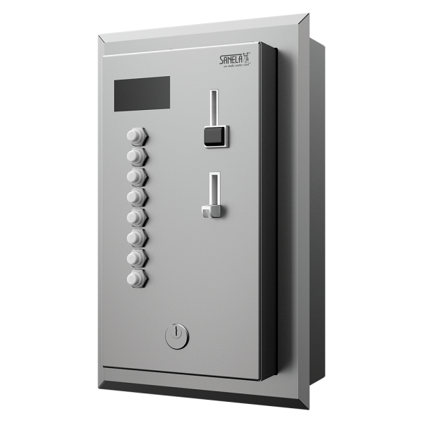 Monnayeur à pièces et jetons encastré pour deux à huit appareils monophasés 230 V, choix par l'utilisateur, 24 V CC